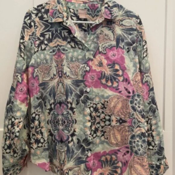 Chico’s 100% linen size 0 (US size 4) floral button down shirt no-iron blouse - Picture 1 of 6